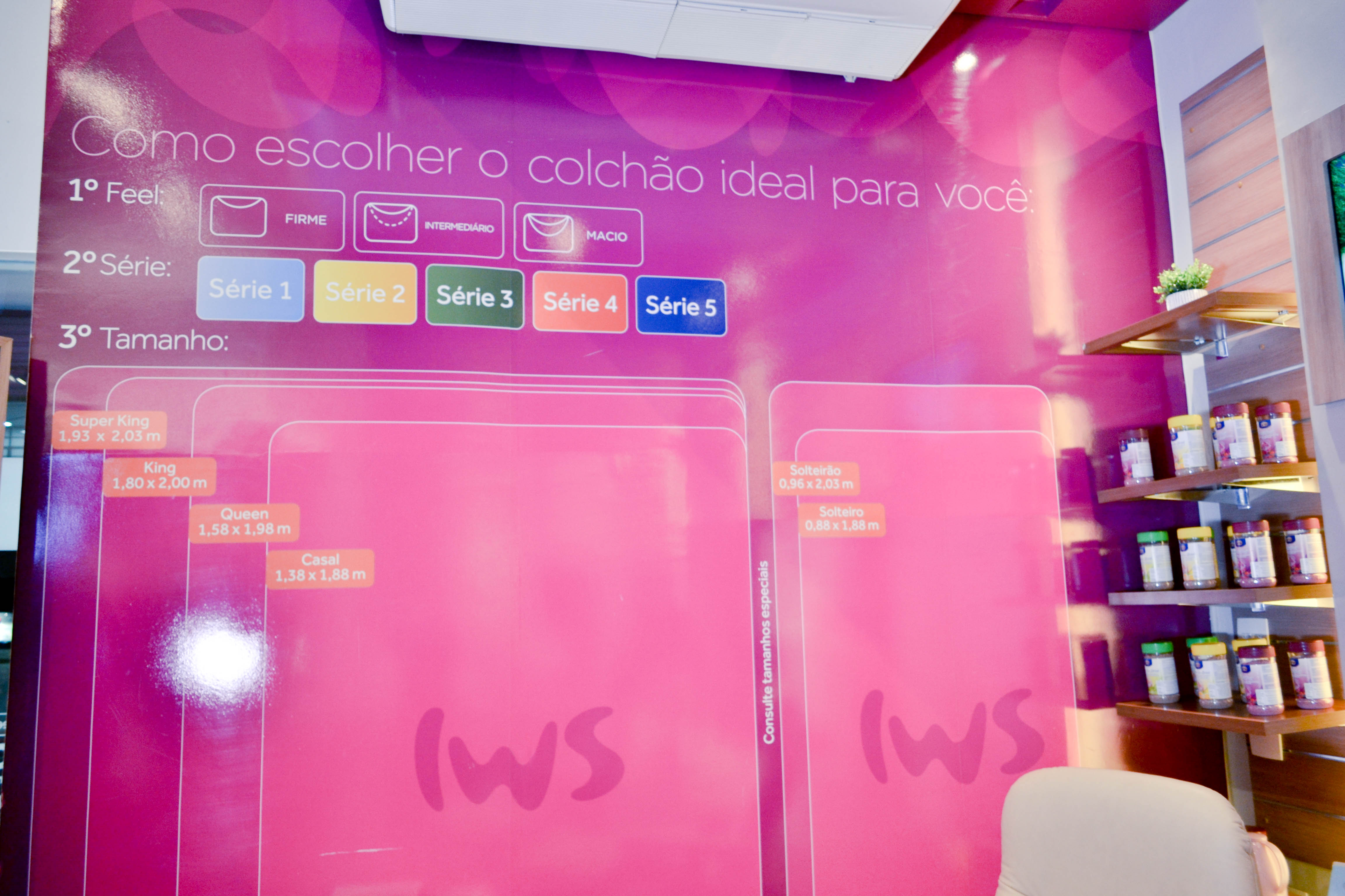 Painel da loja IWS com o escrito “como escolher o colchão ideal para você?”